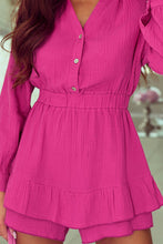 Load image into Gallery viewer, Rose Textured Tiered Ruffled Buttoned Long Sleeve Romper | Fashionsarah.com