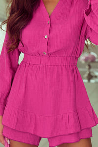 Rose Textured Tiered Ruffled Buttoned Long Sleeve Romper | Fashionsarah.com