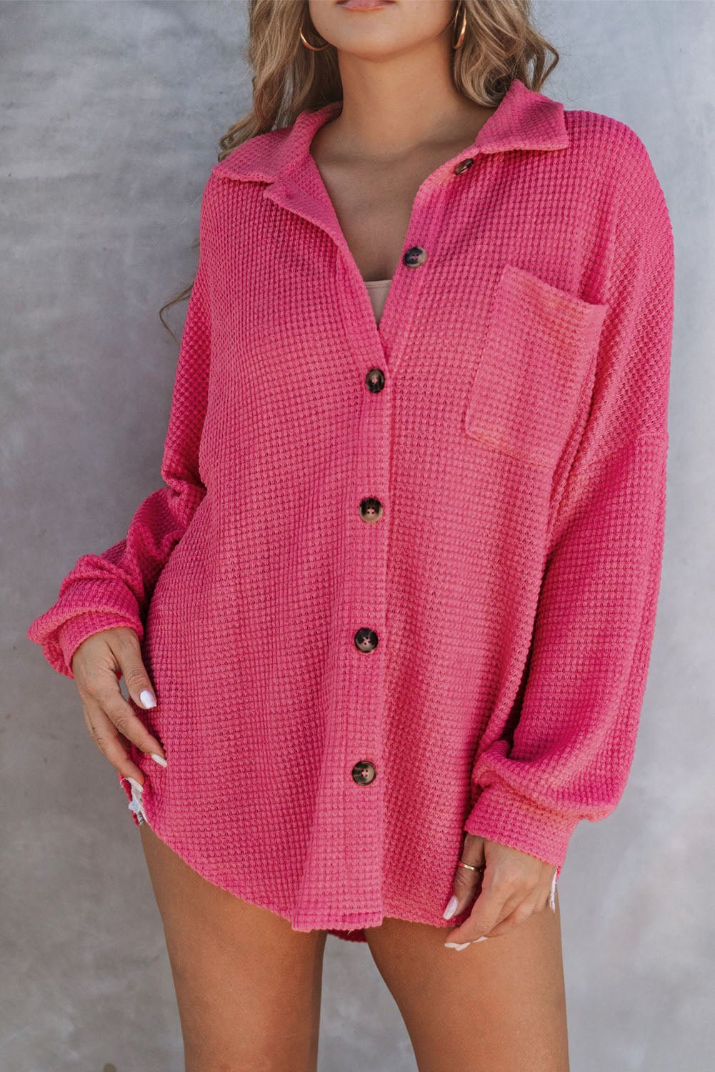 Fashionsarah.com Fashionsarah.com Pink Waffle Knit Button Up Casual Shirt