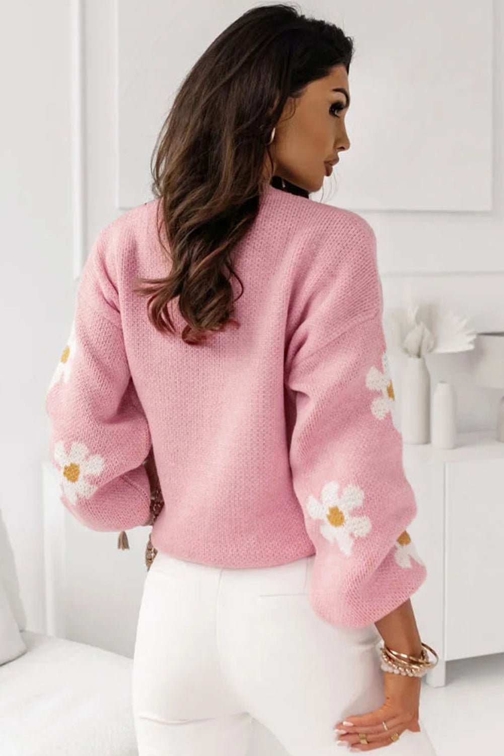 Fashionsarah.com Pink Floral Pattern Drop Shoulder Sweater