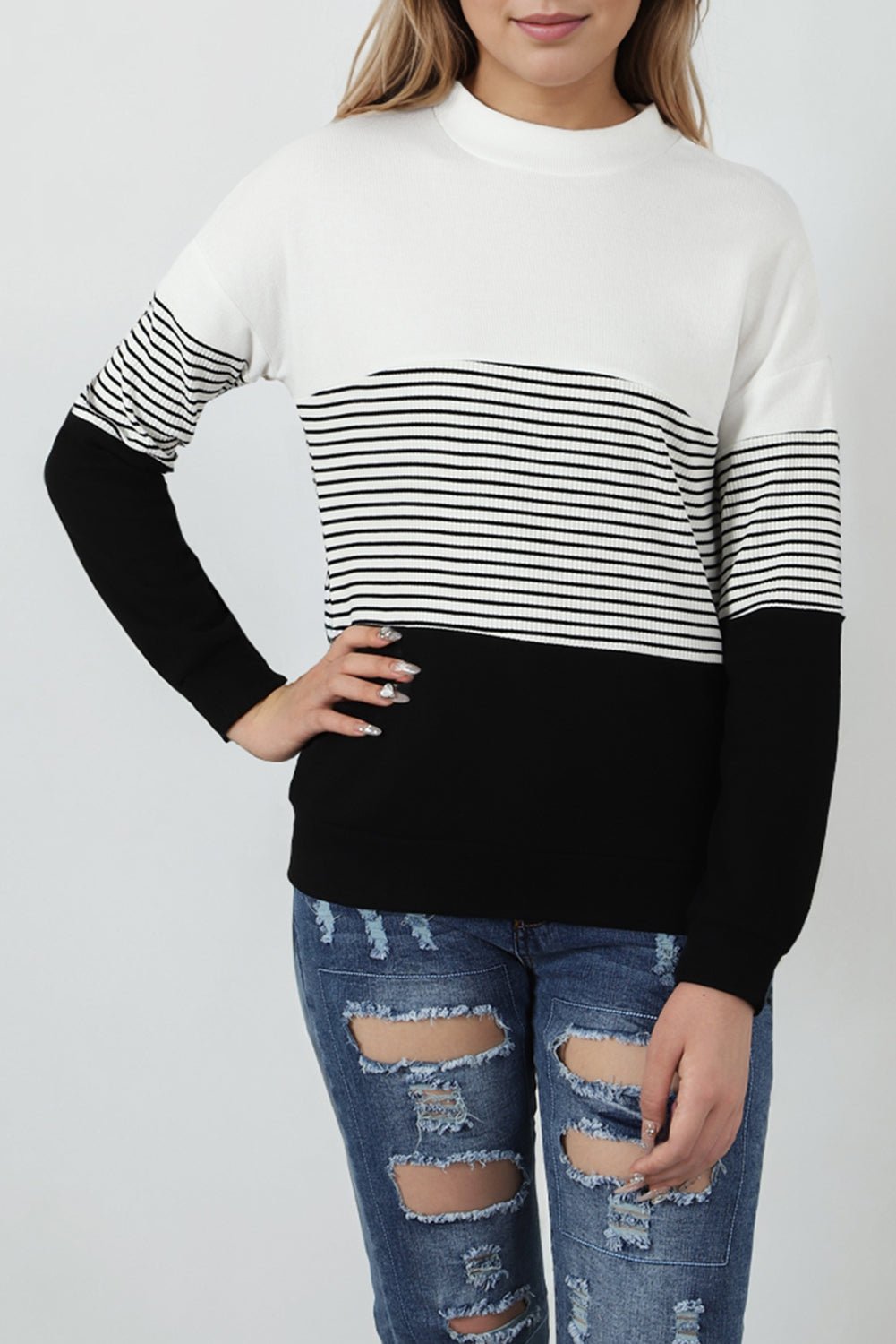 Black Striped Contrast Colorblock Knit Top | Fashionsarah.com