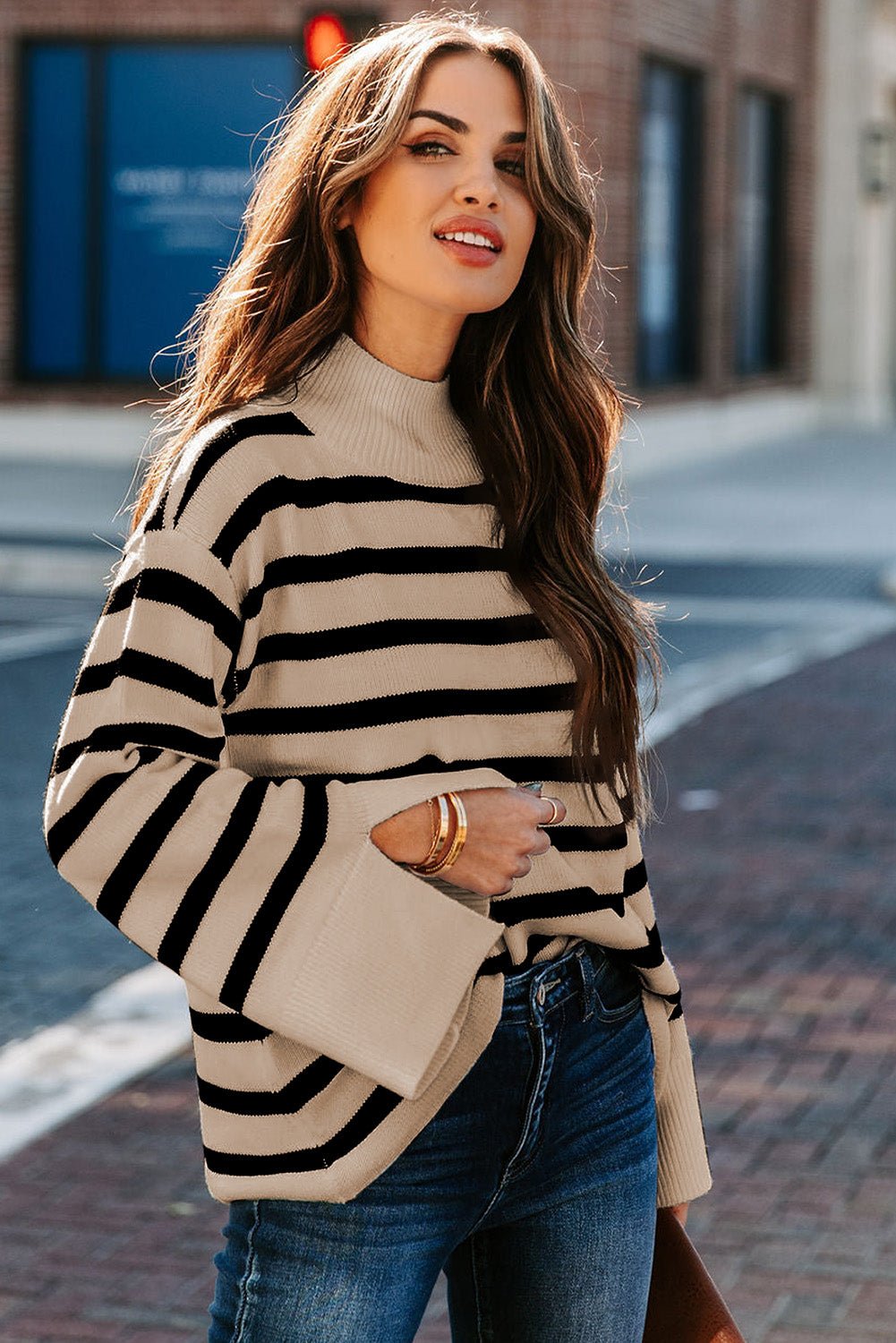 Fashionsarah.com Khaki Striped Mock Neck Bell Sleeve Knit Sweater