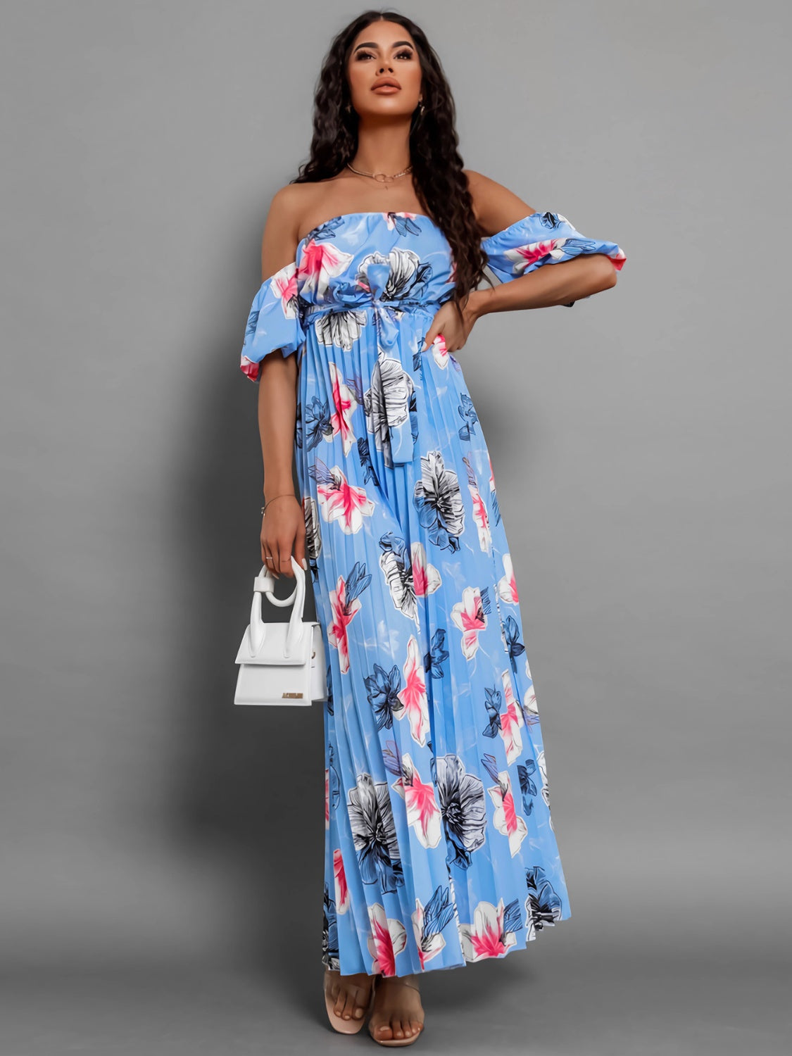 Fashionsarah.com Fashionsarah.com Pleated Floral Off-Shoulder Short Sleeve Midi Dress