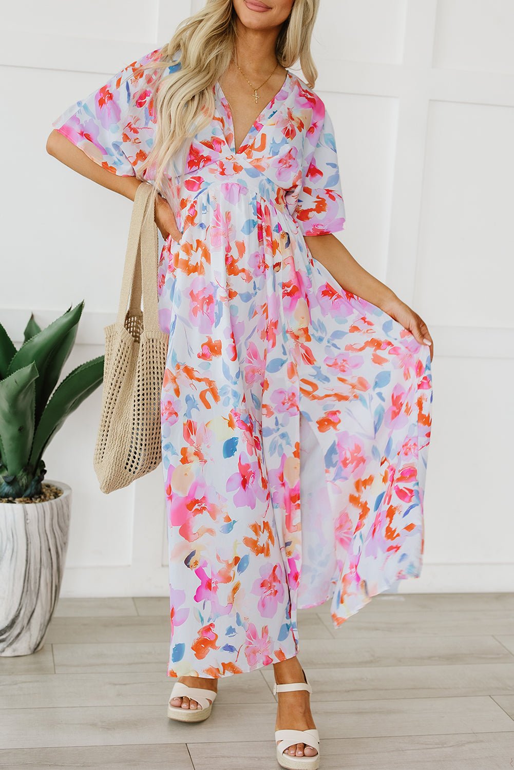 Fashionsarah.com Fashionsarah.com Tropical Floral Ruched V Neck Maxi Dress