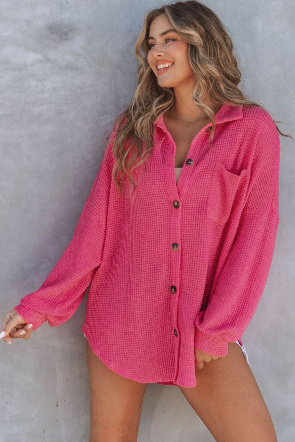 Fashionsarah.com Fashionsarah.com Pink Waffle Knit Button Up Casual Shirt