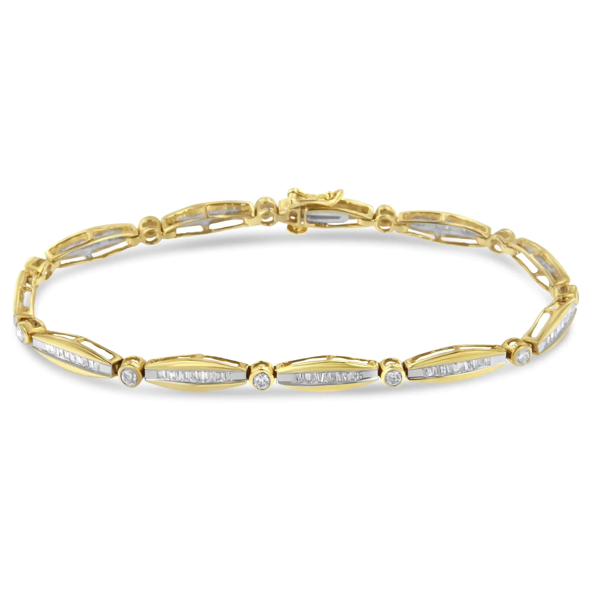 14K Yellow Gold 1-1/2 Cttw Round Brilliant-Cut & Diamond Bezel and Tapered Link 7" Tennis Bracelet (H-I Color, I1-I2 Clarity) | Fashionsarah.com