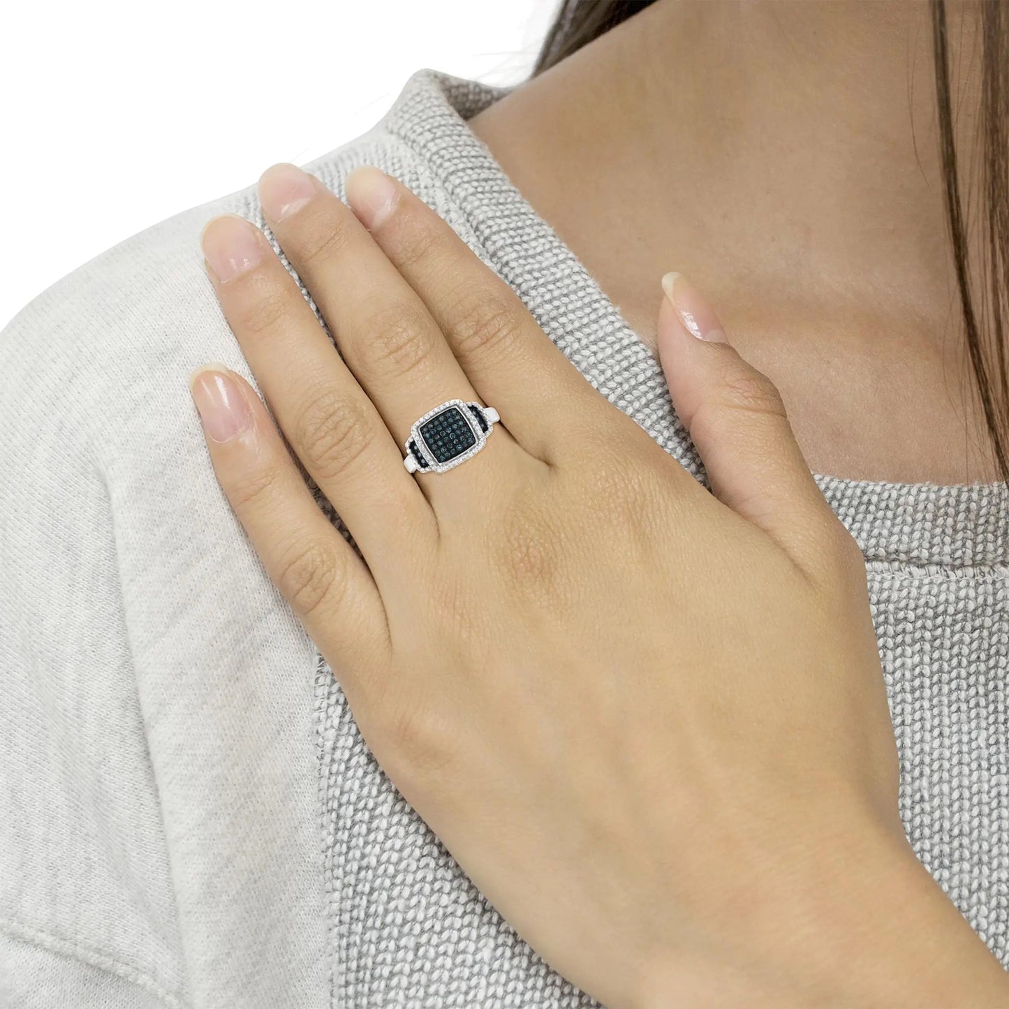 Black Rhodium Plated .925 Sterling Silver 1/2 Cttw White & Blue Diamond Square Halo Cocktail Ring (Fancy Blue & H-I Color, I2-I3 Clarity) | Fashionsarah.com