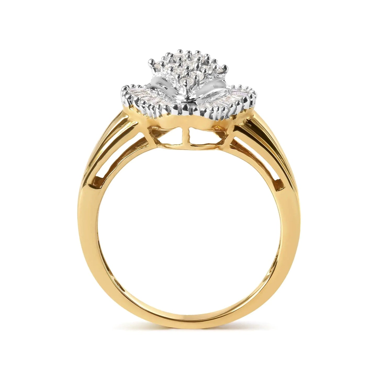 10K Yellow Gold 1/2 Cttw Round And Baguette-cut Diamond Rhombus Head and Halo Ring (I-J Color, I1-I2 Clarity) | Fashionsarah.com