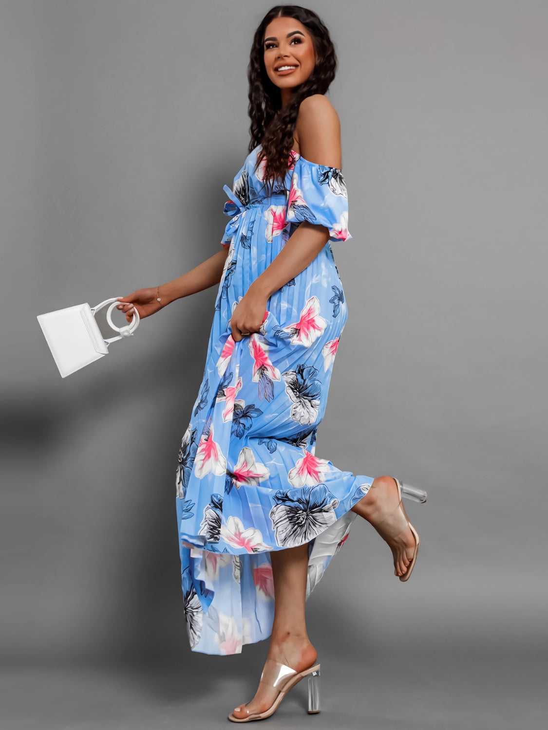 Fashionsarah.com Fashionsarah.com Pleated Floral Off-Shoulder Short Sleeve Midi Dress