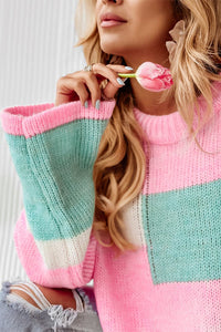 Pink Colorblock Drop Shoulder Bell Sleeve Sweater | Fashionsarah.com