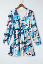 Load image into Gallery viewer, Blue Abstract Floral Long Sleeve Tied Ruffle Dress | Fashionsarah.com