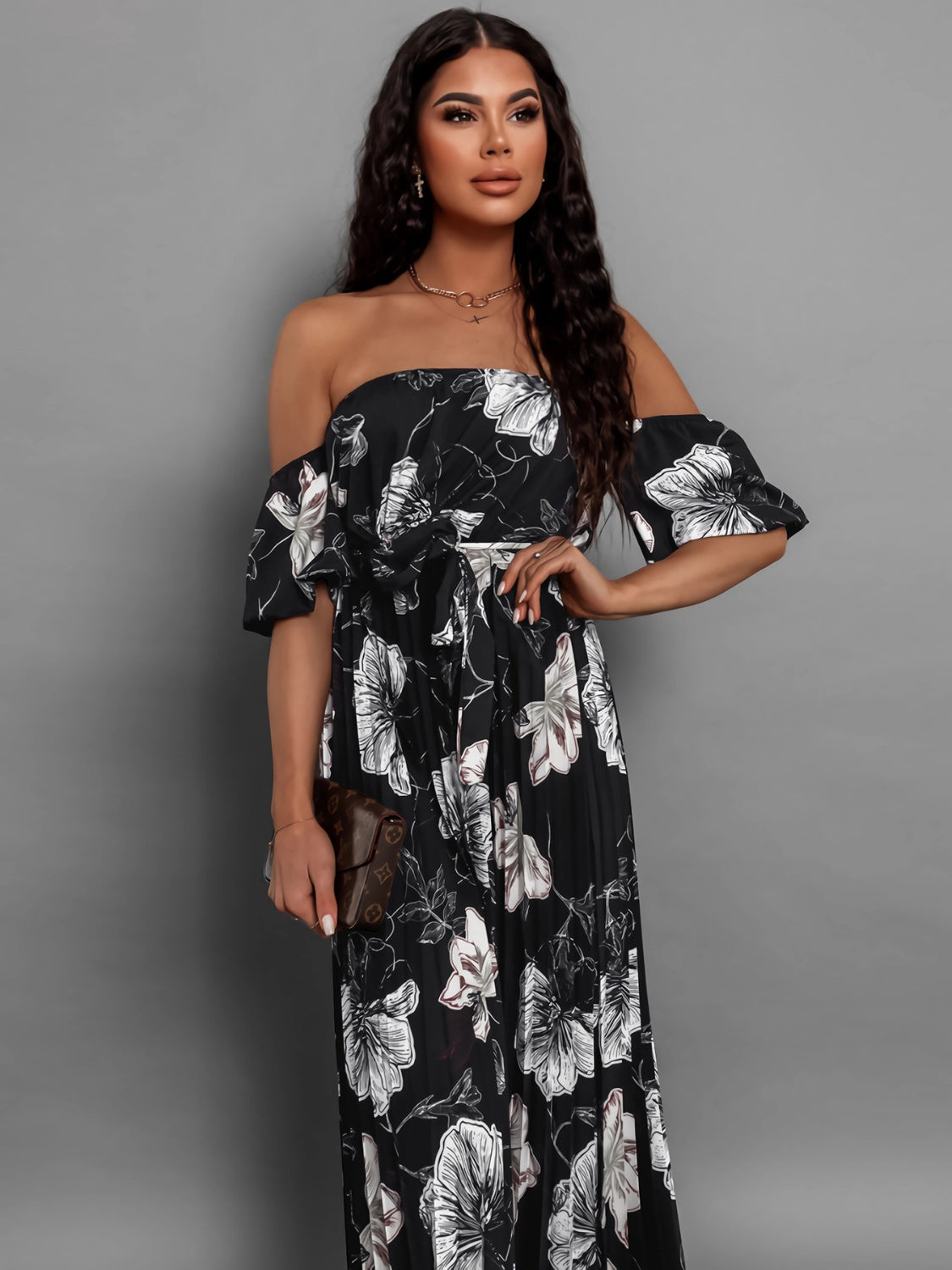 Fashionsarah.com Fashionsarah.com Pleated Floral Off-Shoulder Short Sleeve Midi Dress