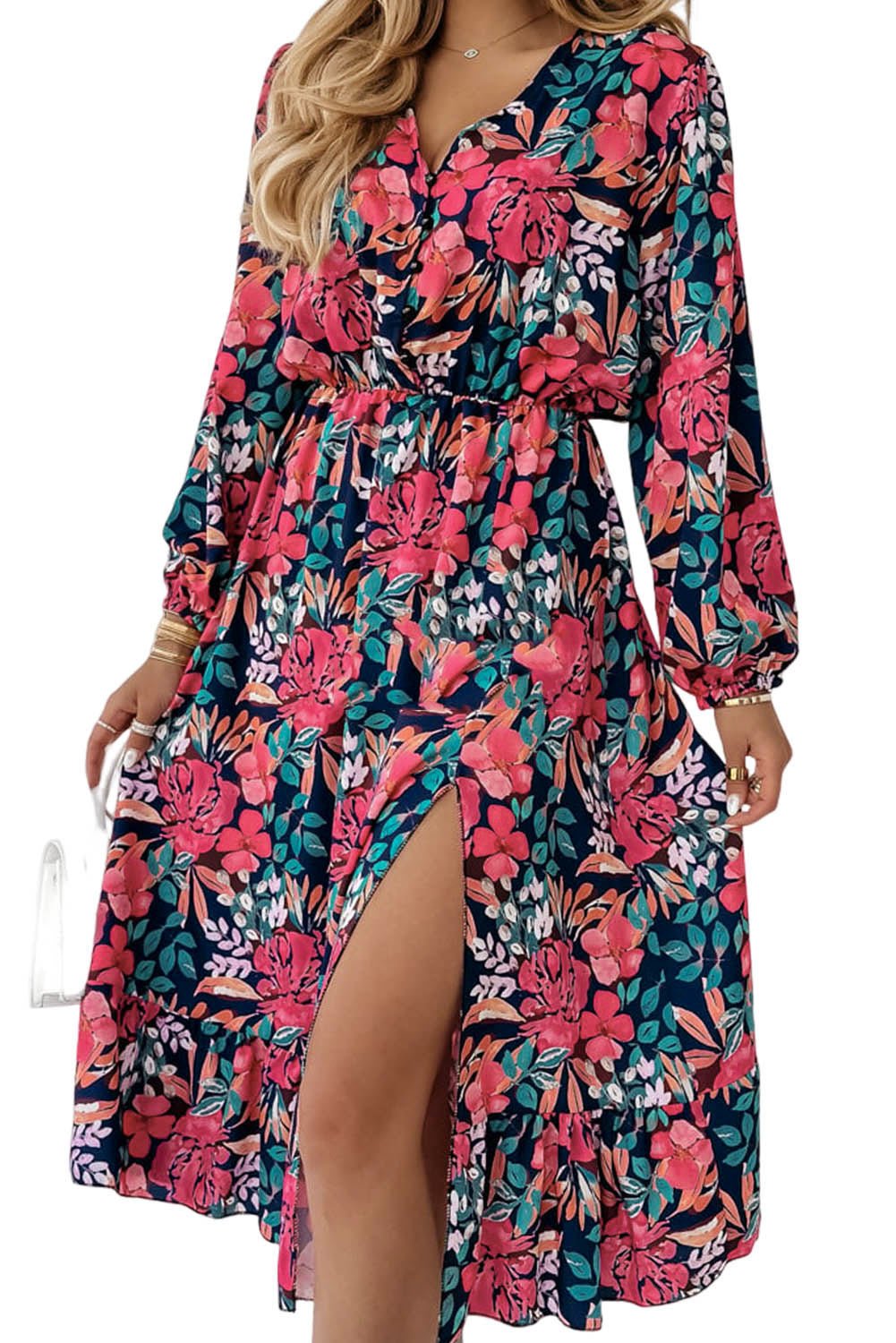 Fashionsarah.com Fashionsarah.com Red V Neck Elastic High Waist Split Floral Dress