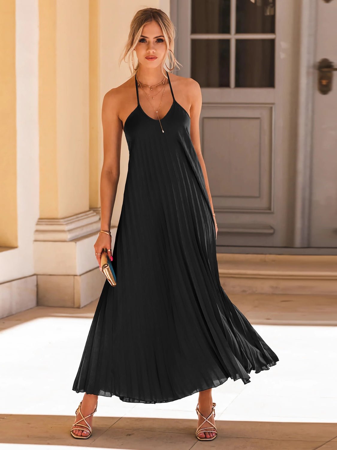 Pleated Halter Neck Sleeveless Dress | Fashionsarah.com