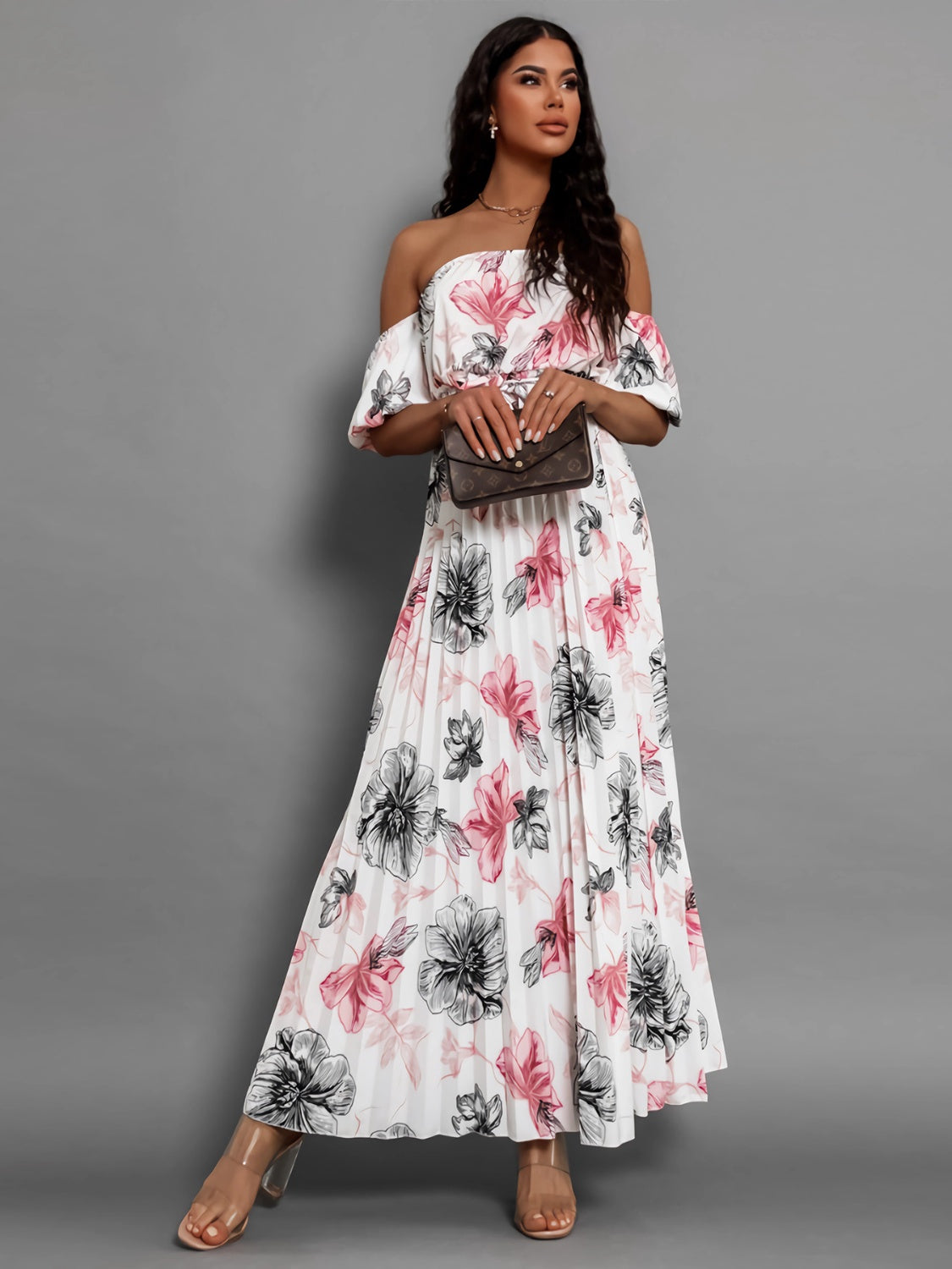 Fashionsarah.com Fashionsarah.com Pleated Floral Off-Shoulder Short Sleeve Midi Dress