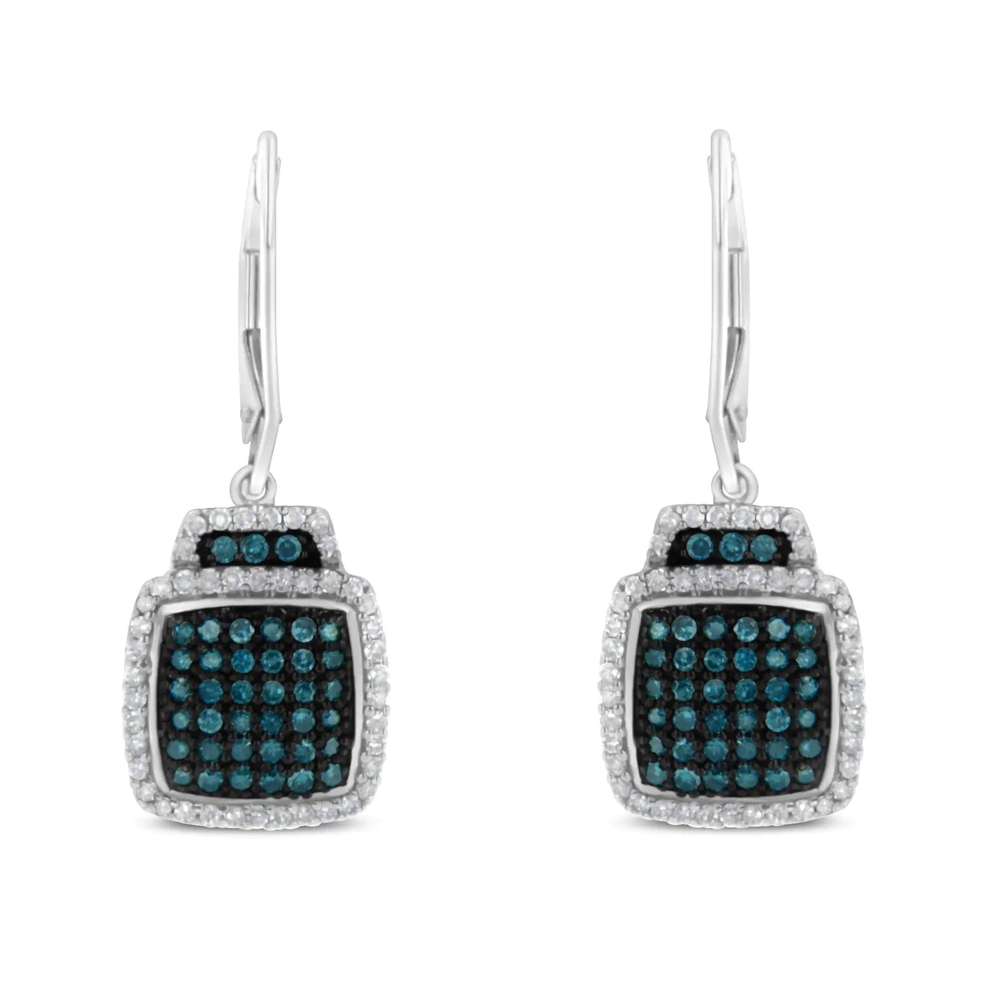 Black Rhodium over .925 Sterling Silver ¾ Cttw Blue and White Diamond Cushion Shaped Dangle Earrings (Enhanced Blue & I-J Color, I2-I3 Clarity) | Fashionsarah.com