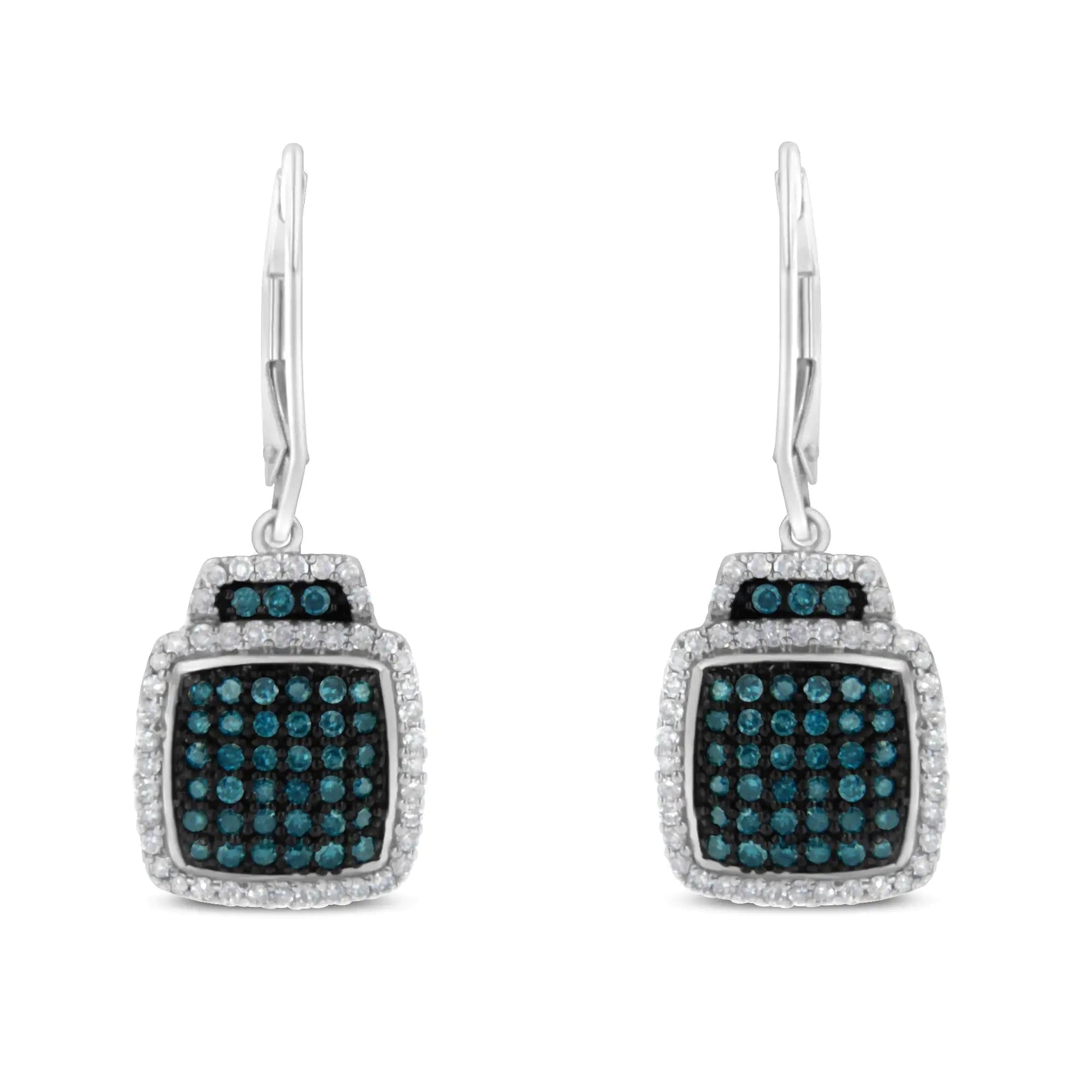 Black Rhodium over .925 Sterling Silver ¾ Cttw Blue and White Diamond Cushion Shaped Dangle Earrings (Enhanced Blue & I-J Color, I2-I3 Clarity) | Fashionsarah.com