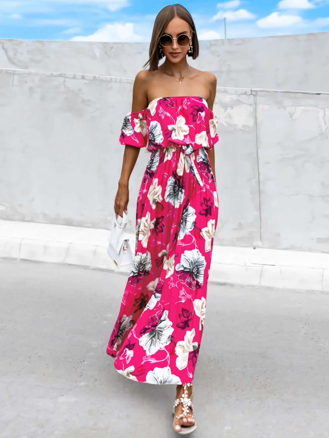 Fashionsarah.com Fashionsarah.com Pleated Floral Off-Shoulder Short Sleeve Midi Dress