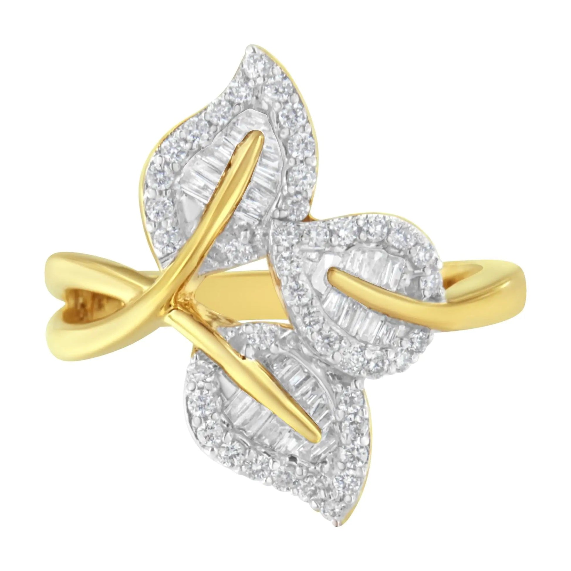 18K Yellow and White Gold Plated .925 Sterling Silver 3/8 Cttw Baguette and Round Diamond Bypass Triple Leaf Ring (I-J Color, I1-I2 Clarity) | Fashionsarah.com