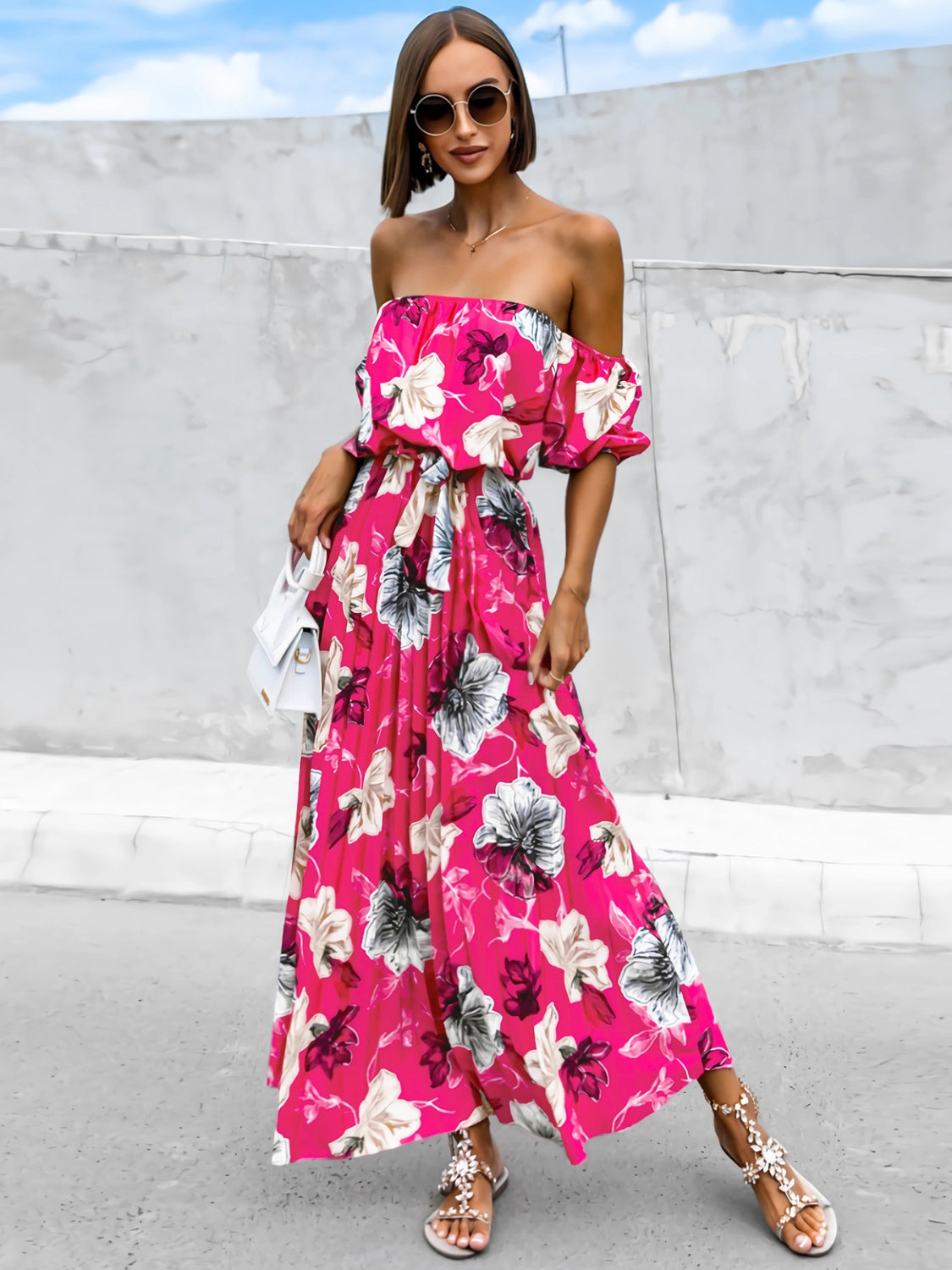 Fashionsarah.com Fashionsarah.com Pleated Floral Off-Shoulder Short Sleeve Midi Dress