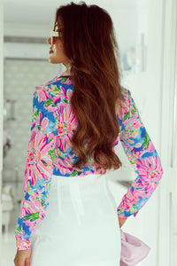 Pink Abstract Floral Print Buttoned Sheath Long Sleeve Shirt | Fashionsarah.com
