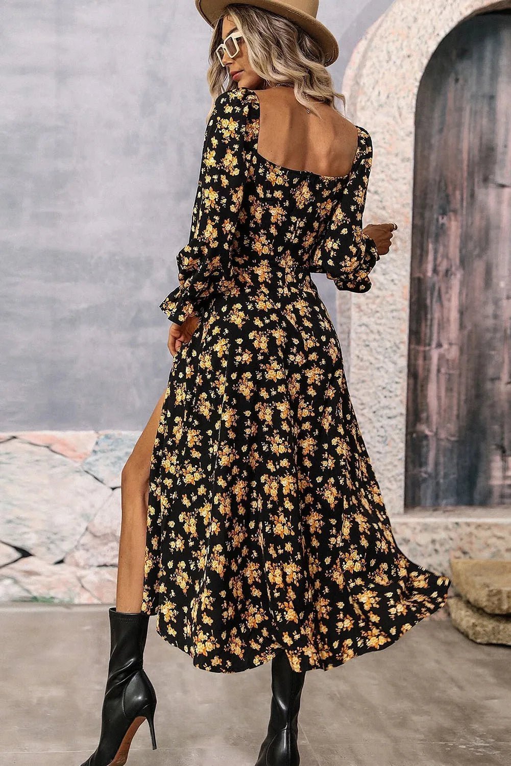 Black Floral Slit Dress | Fashionsarah.com