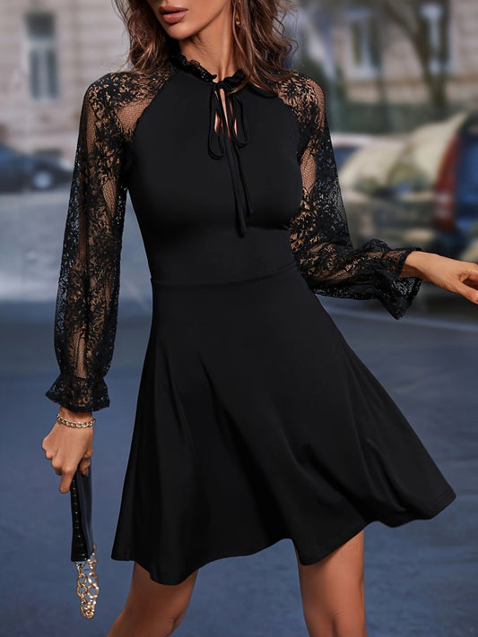 Lace Tie Neck Flounce Sleeve Dress | Fashionsarah.com