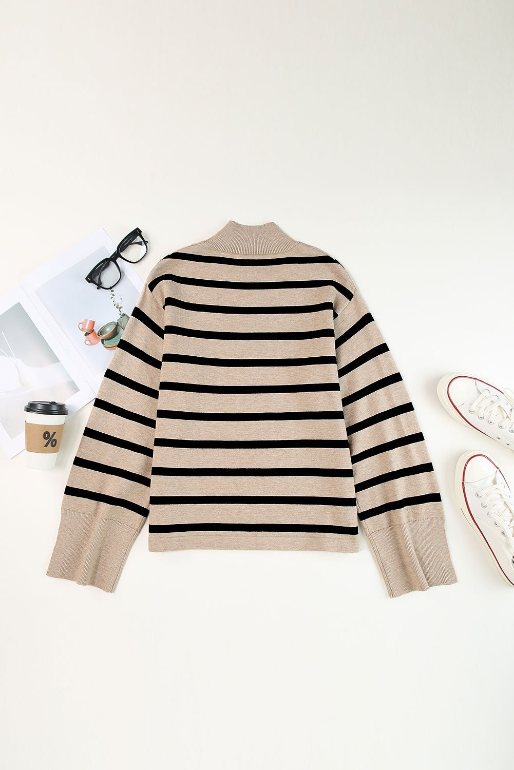 Fashionsarah.com Khaki Striped Mock Neck Bell Sleeve Knit Sweater