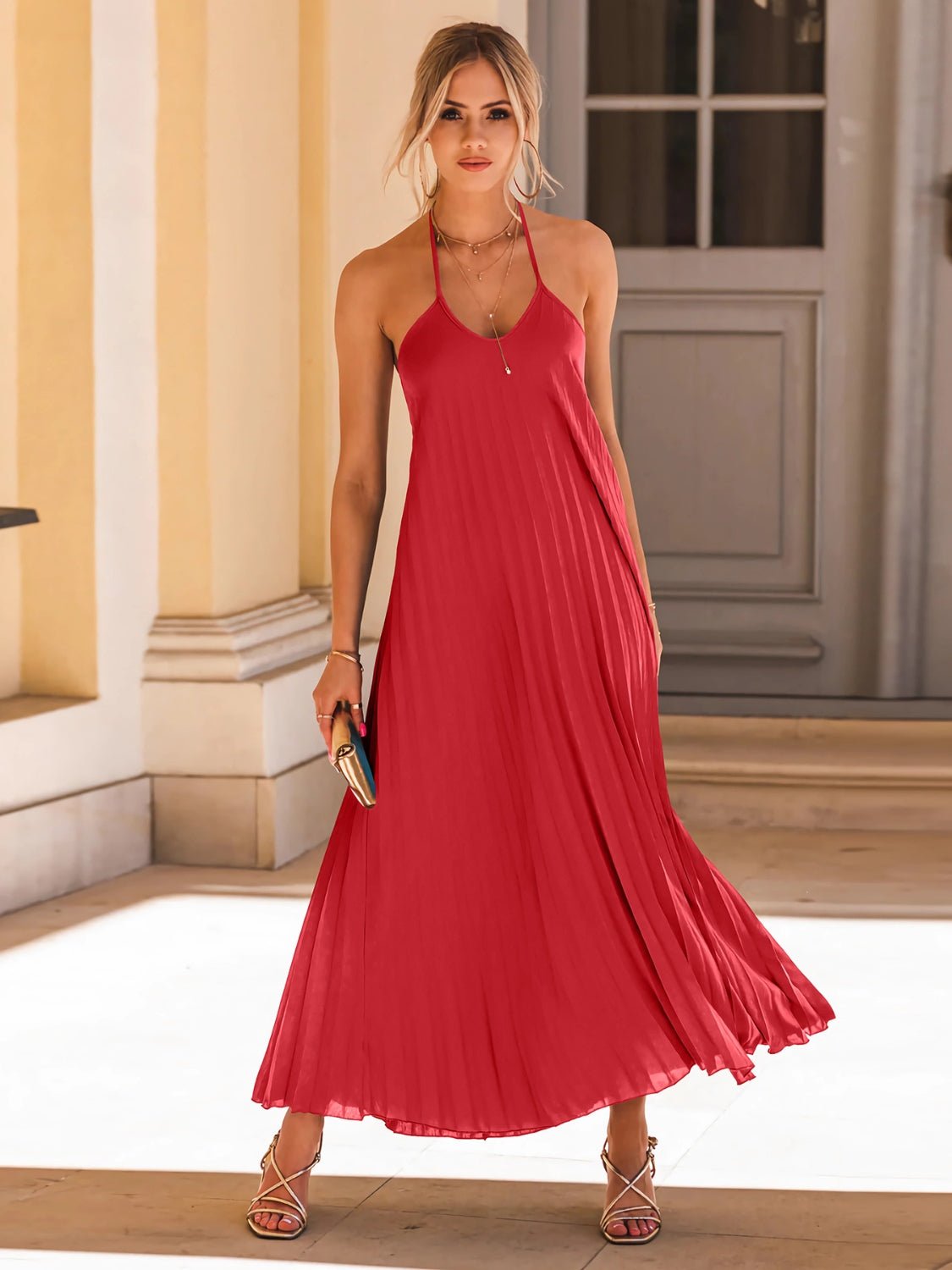 Pleated Halter Neck Sleeveless Dress | Fashionsarah.com