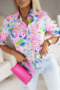 Pink Abstract Floral Print Buttoned Sheath Long Sleeve Shirt | Fashionsarah.com
