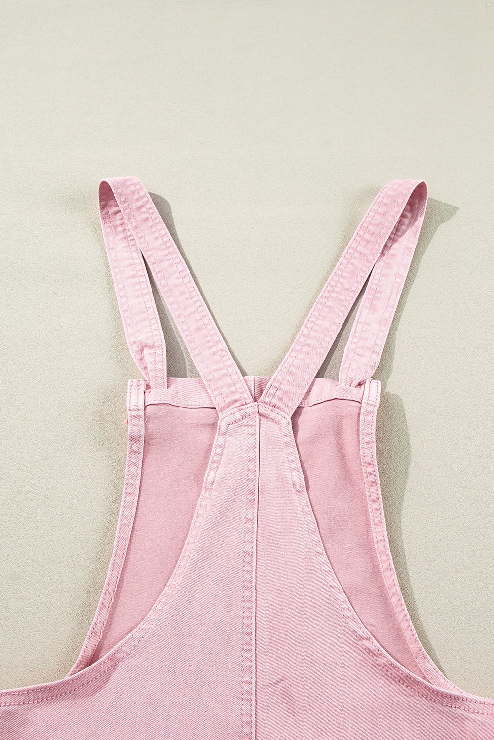 Pink Solid Color Knot Straps Denim Romper with Pockets | Fashionsarah.com