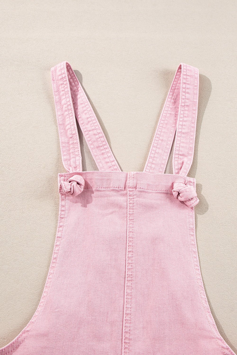 Pink Solid Color Knot Straps Denim Romper with Pockets | Fashionsarah.com