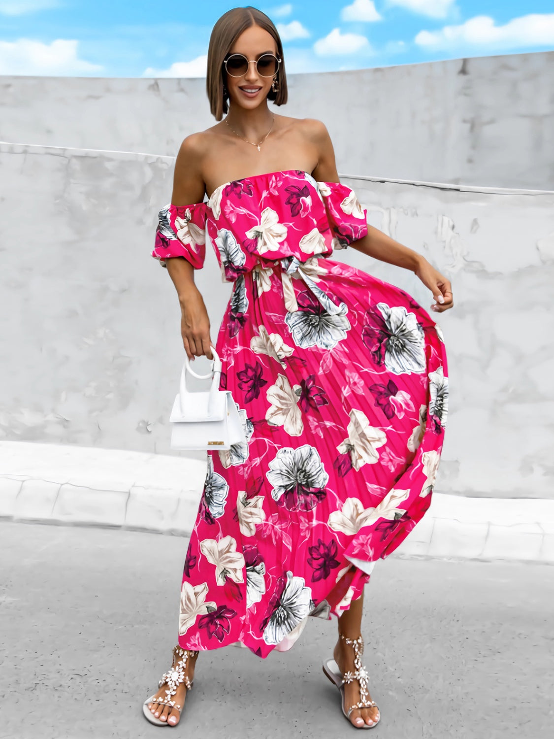 Fashionsarah.com Fashionsarah.com Pleated Floral Off-Shoulder Short Sleeve Midi Dress