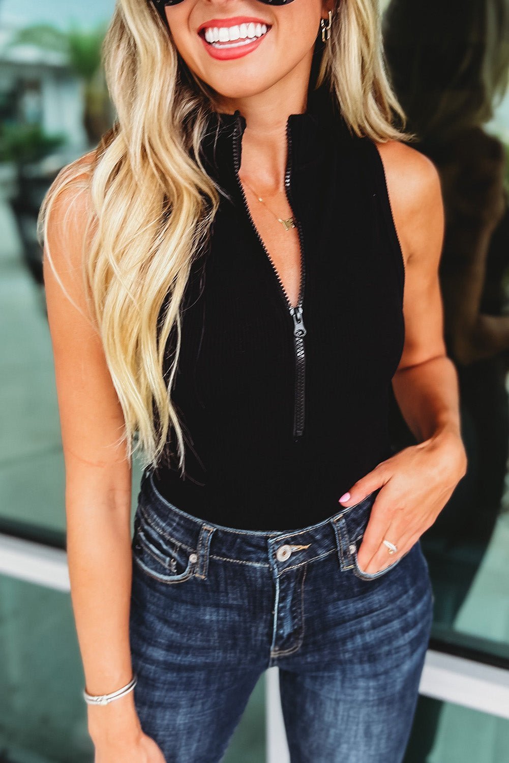 Black Zip up Sleeveless Bodysuit | Fashionsarah.com