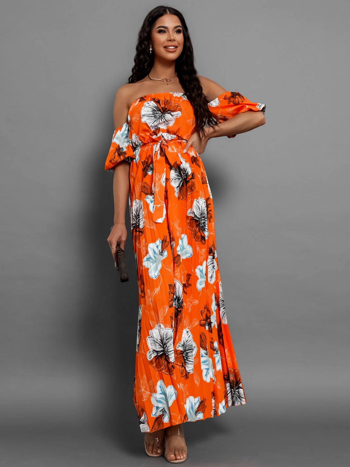 Fashionsarah.com Fashionsarah.com Pleated Floral Off-Shoulder Short Sleeve Midi Dress