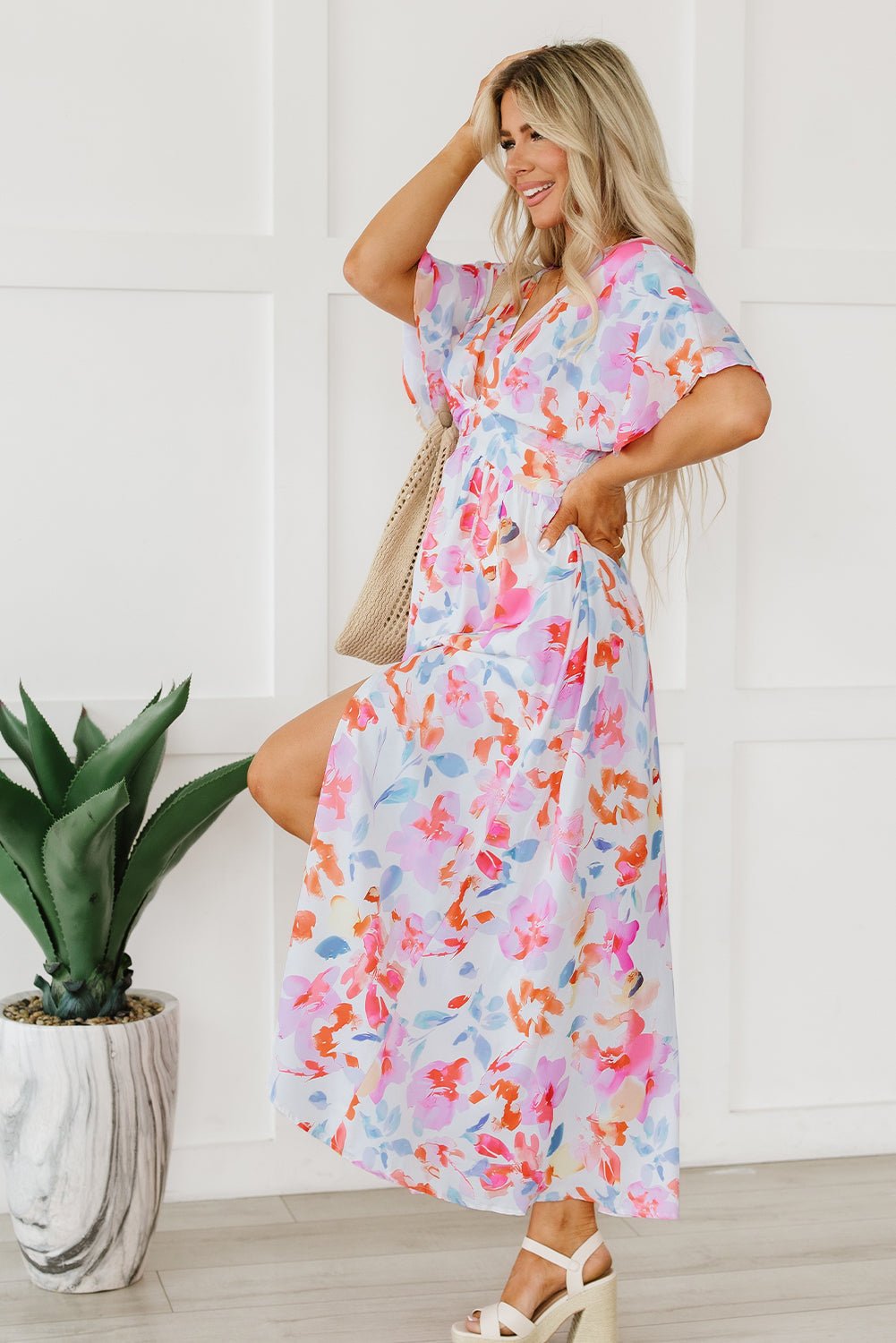 Fashionsarah.com Fashionsarah.com Tropical Floral Ruched V Neck Maxi Dress