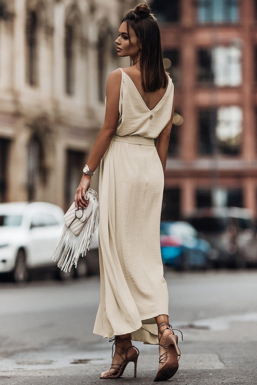 Fashionsarah.com Apricot V Neck Sleeveless Maxi Dress with Elastic Belt