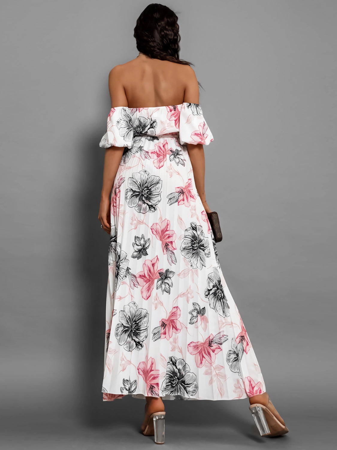 Fashionsarah.com Fashionsarah.com Pleated Floral Off-Shoulder Short Sleeve Midi Dress