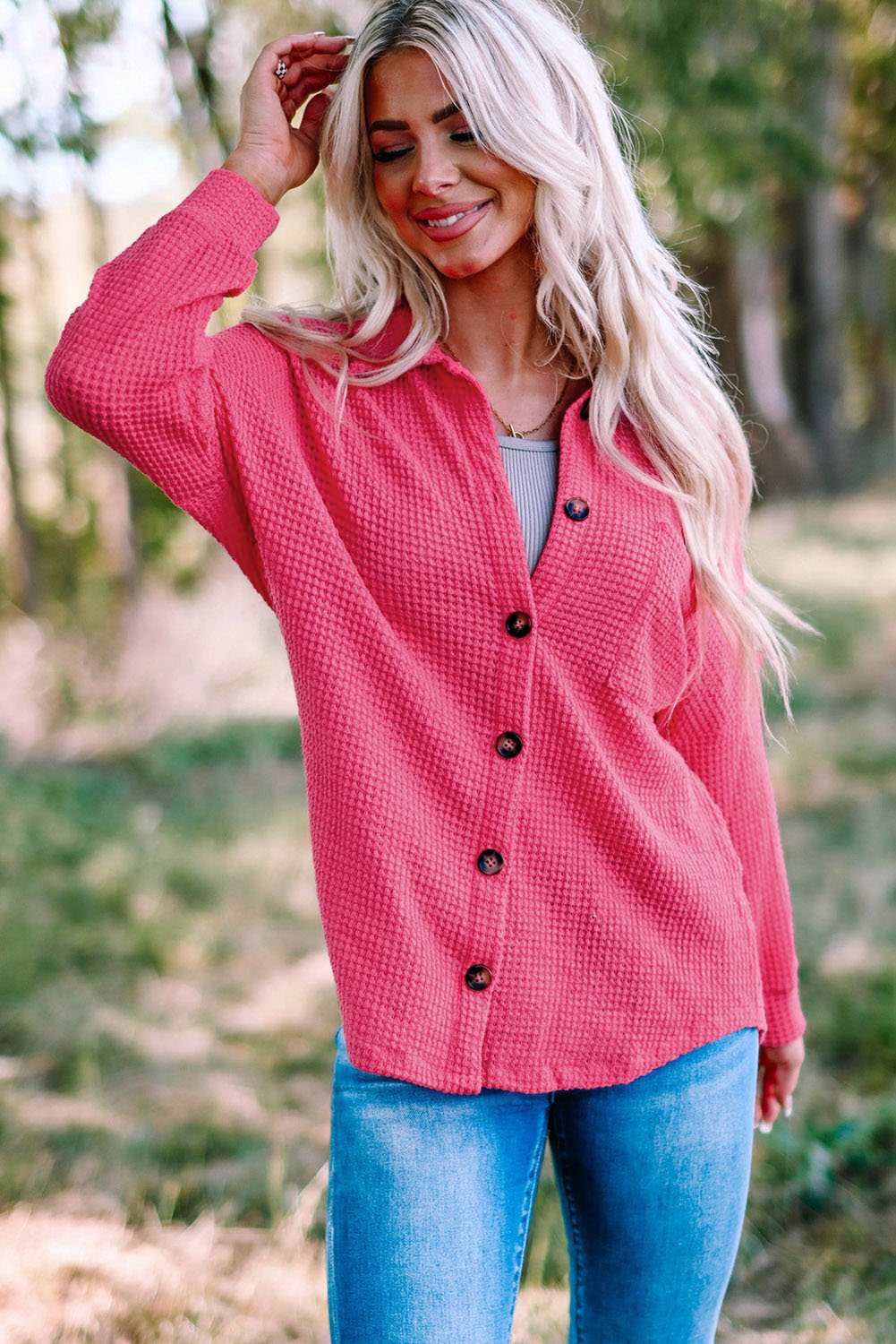 Fashionsarah.com Fashionsarah.com Pink Waffle Knit Button Up Casual Shirt