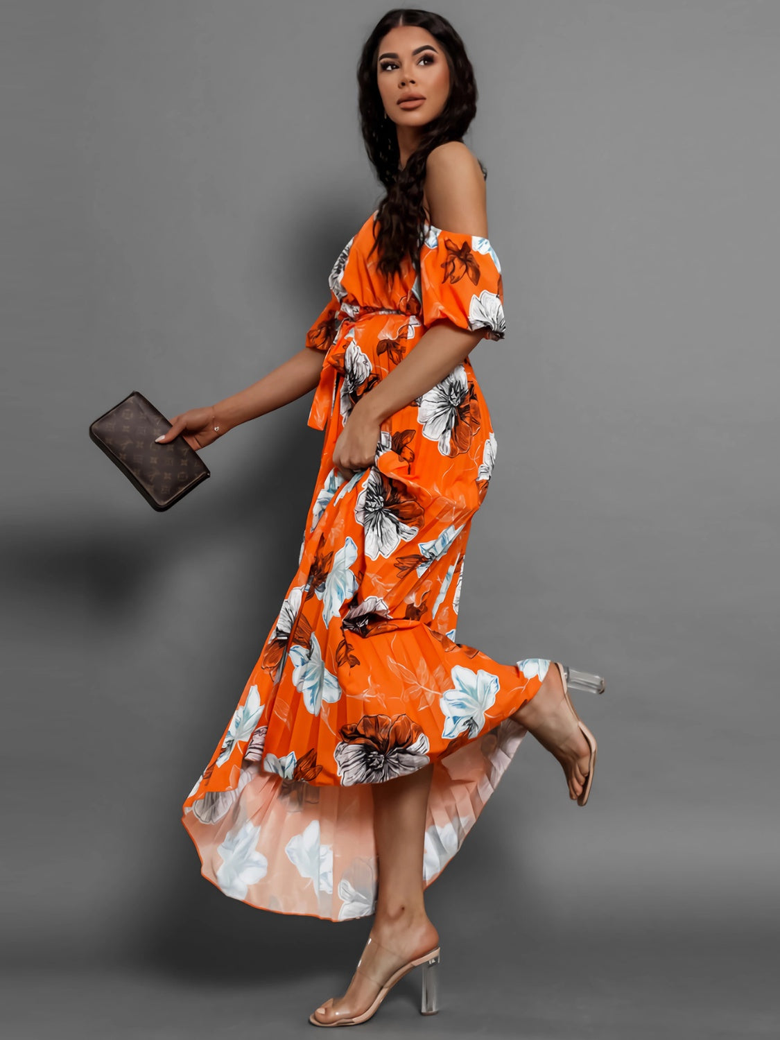 Fashionsarah.com Fashionsarah.com Pleated Floral Off-Shoulder Short Sleeve Midi Dress