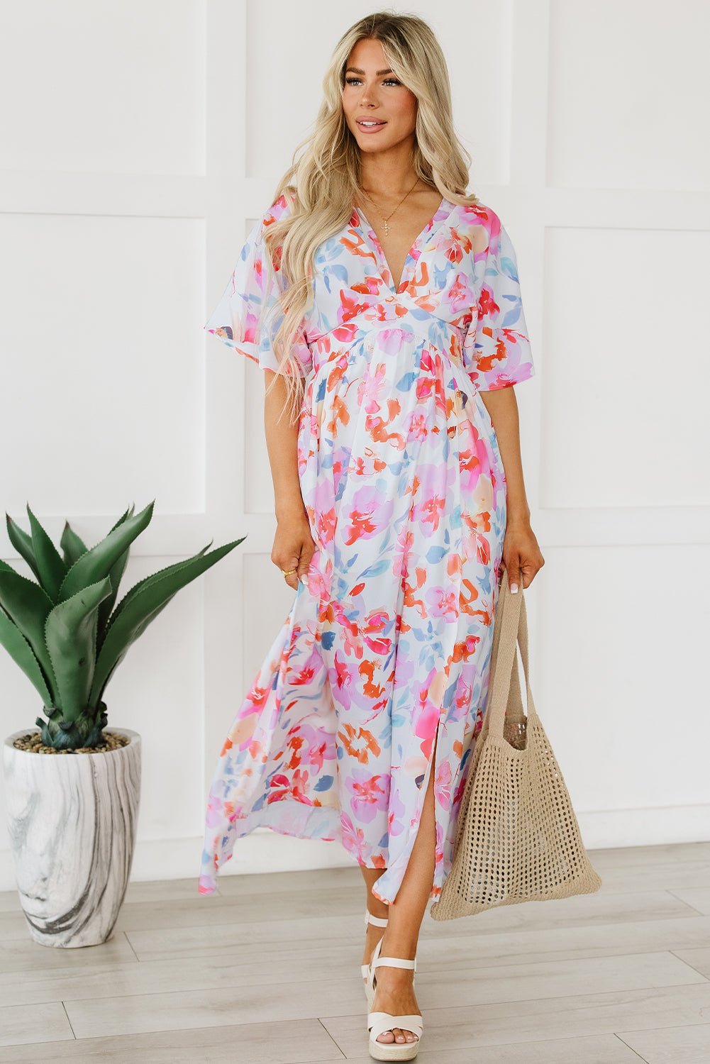 Fashionsarah.com Fashionsarah.com Tropical Floral Ruched V Neck Maxi Dress