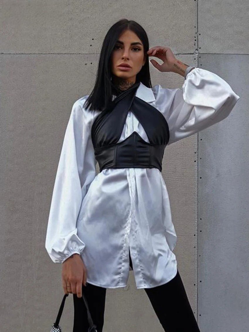 Loose White Satin Women Shirt With Black Halter Crop Top | Fashionsarah.com