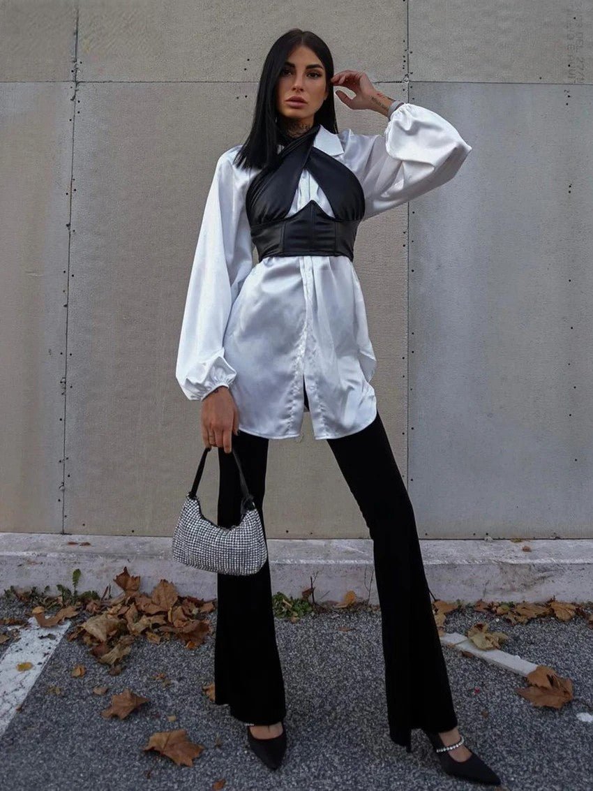 Loose White Satin Women Shirt With Black Halter Crop Top | Fashionsarah.com