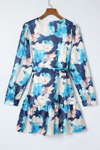 Blue Abstract Floral Long Sleeve Tied Ruffle Dress | Fashionsarah.com