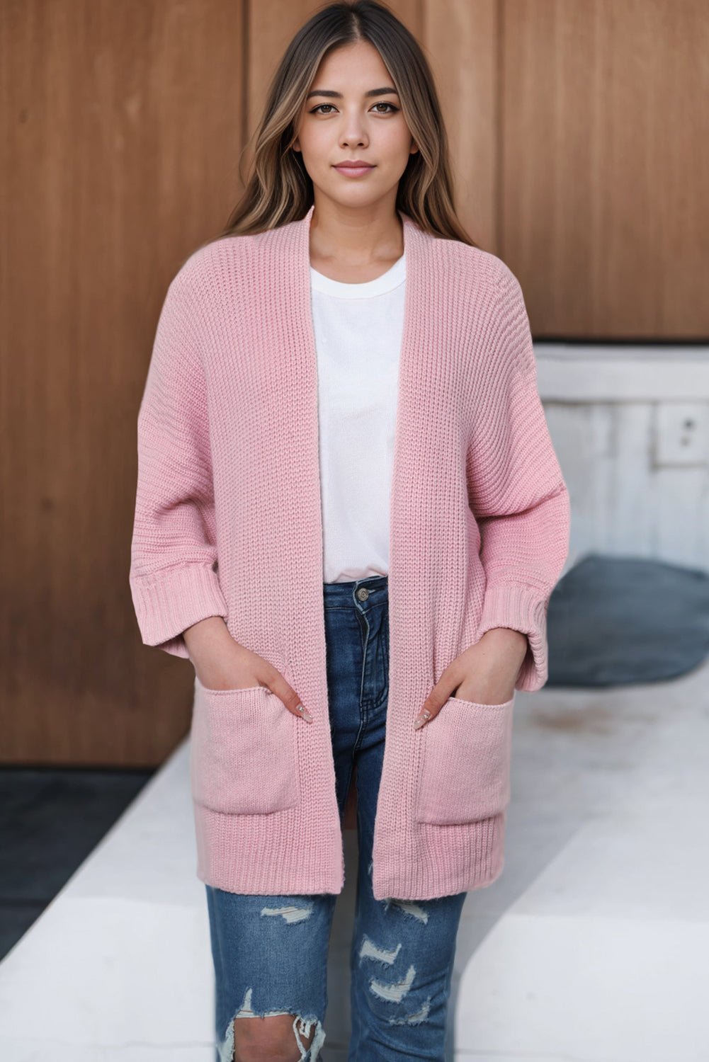 Fashionsarah.com Pink Oversized Fold Over Sleeve Sweater Cardigan