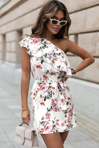 White Ruffled One Shoulder Tie High Waist Floral Dress | Fashionsarah.com