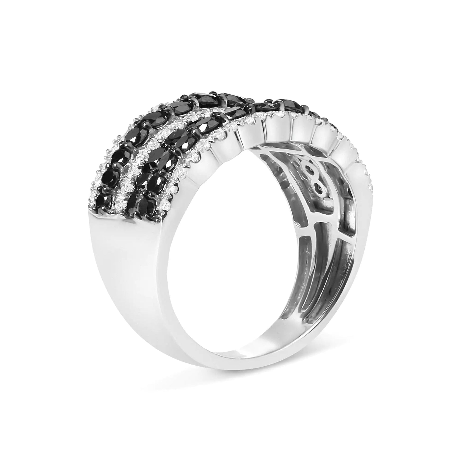 .925 Sterling Silver 1 3/4 Cttw Treated Black and White Alternating Diamond Multi Row Band Ring (Black / I-J Color, I2-I3 Clarity) | Fashionsarah.com