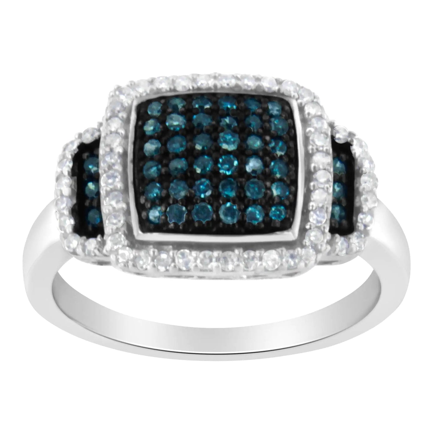 Black Rhodium Plated .925 Sterling Silver 1/2 Cttw White & Blue Diamond Square Halo Cocktail Ring (Fancy Blue & H-I Color, I2-I3 Clarity) | Fashionsarah.com