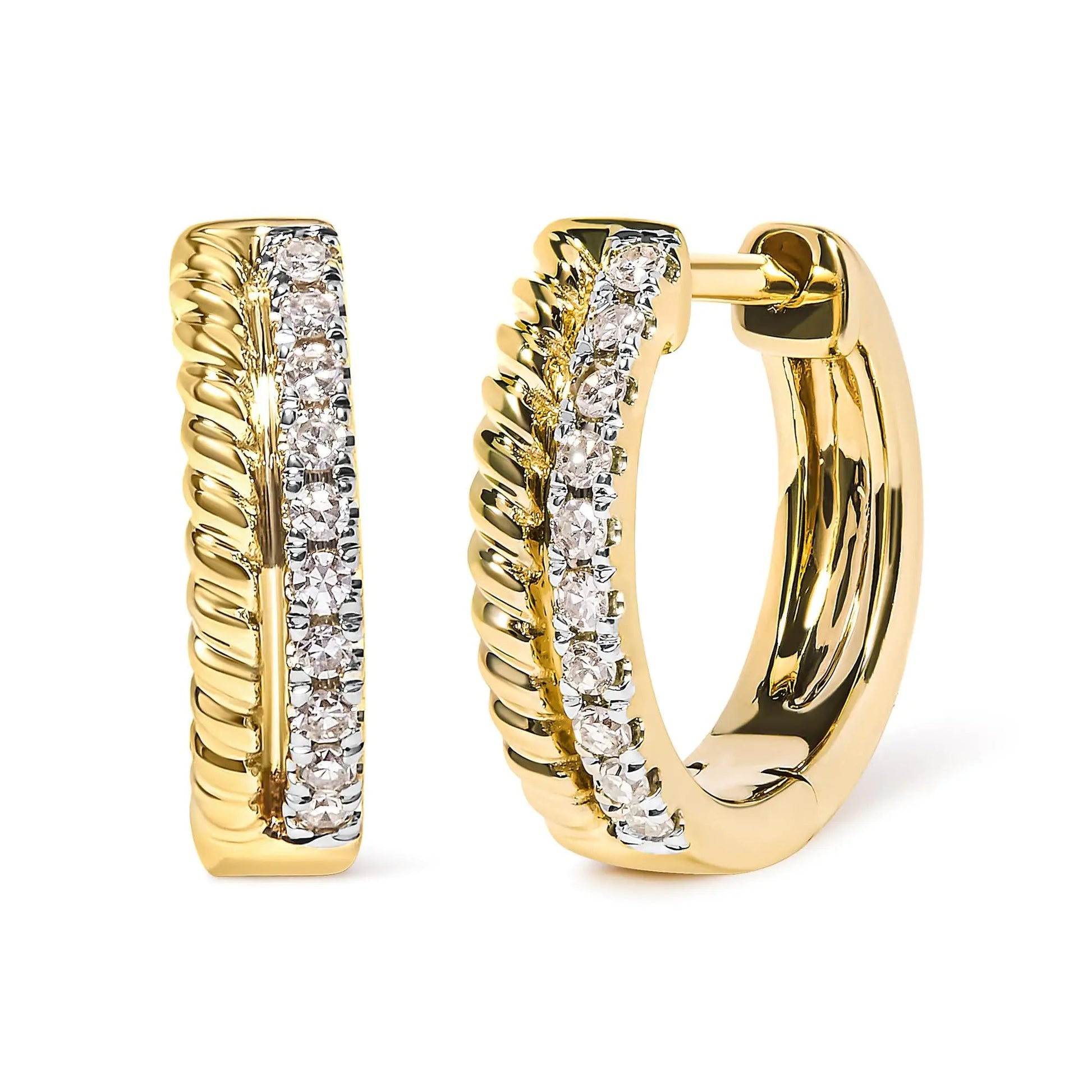 10K Yellow Gold 1/10 Cttw Diamond and Rope Twist Huggy Hoop Earrings (H-I Color, I1-I2 Clarity) | Fashionsarah.com