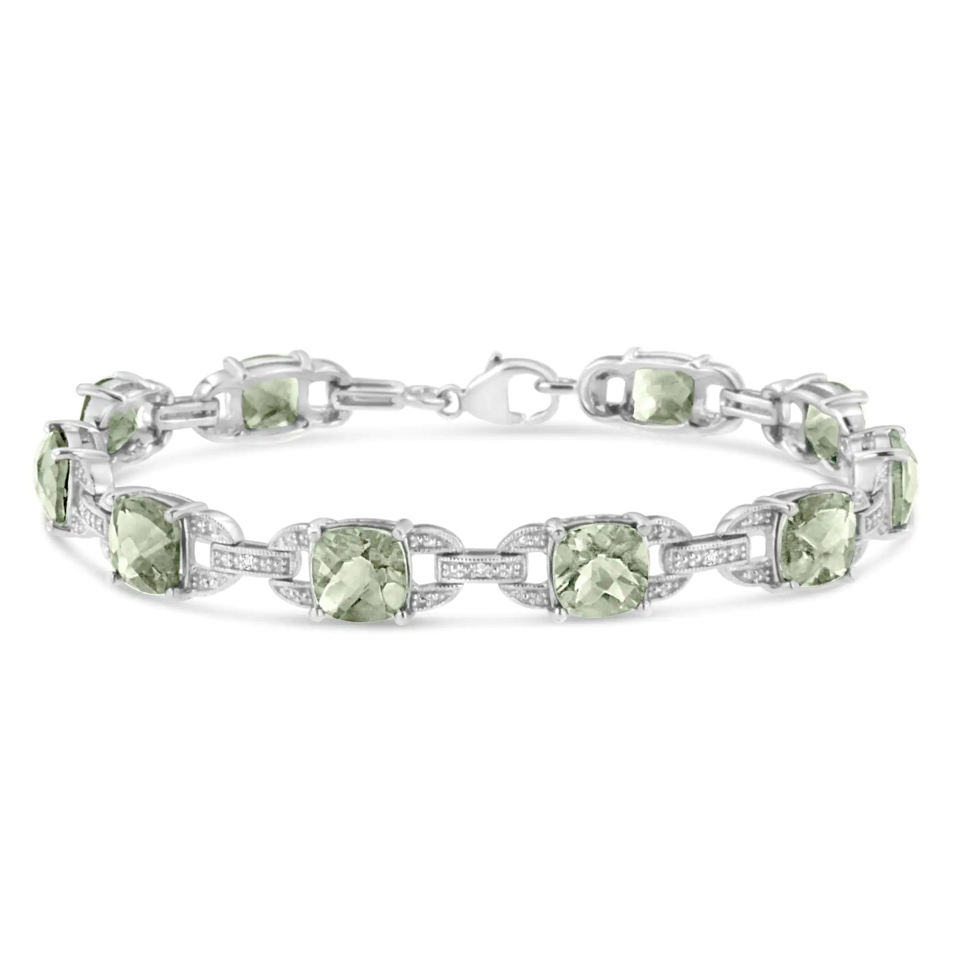 .925 Sterling Silver 7x7 mm Cushion Cut Green Amethyst and 1/20 cttw Round Cut Diamond Fashion Tennis Bracelet (I-J Color, I1-I2 Clarity) - 7" | Fashionsarah.com